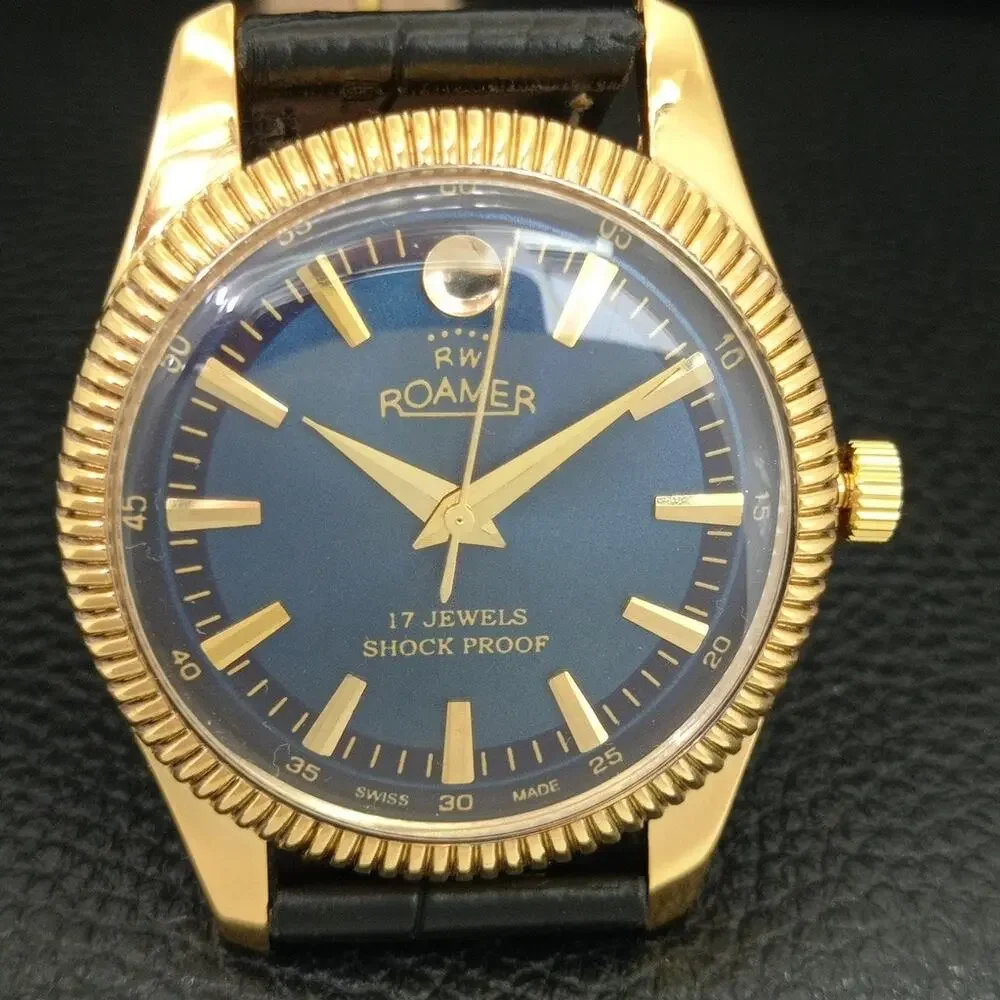 Vintage 1974 Roamer Manual Mens Gold Watch W/Leather Strap & Blue accents